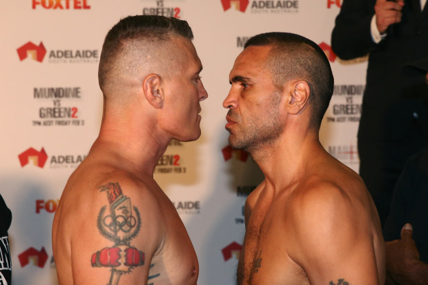Danny Green (left) facing off against Anthony Mundine ahead of their 2017 bout.