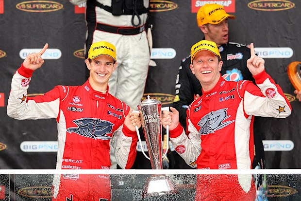 Nick Percat (left) and Garth Tander celebrate their 2011 Bathurst 1000 triumph.