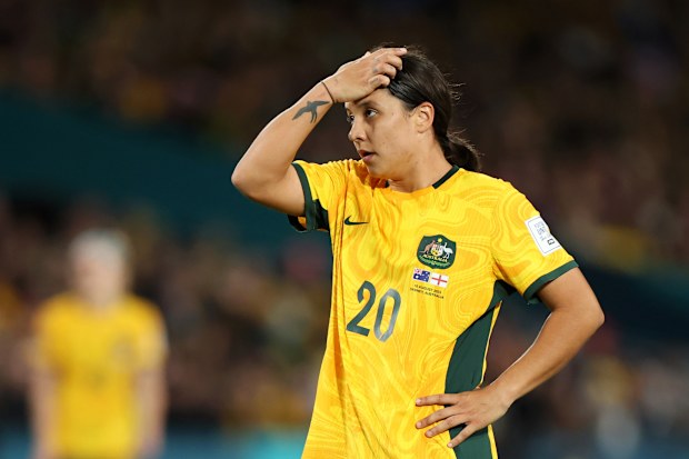 Sam Kerr of Australia reacts after England's opening goal.