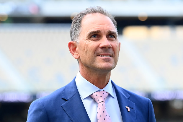 Justin Langer looks on during day one of the first Test match between Australia and the West Indies at Optus Stadium.