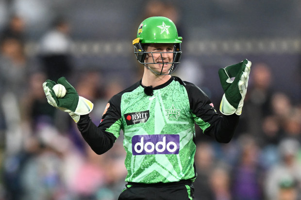 HOBART, AUSTRALIA - DECEMBER 28: Sam Harper of the Stars reacts during the BBL match between Hobart Hurricanes and Melbourne Stars at Blundstone Arena, on December 28, 2023, in Hobart, Australia. (Photo by Steve Bell/Getty Images)