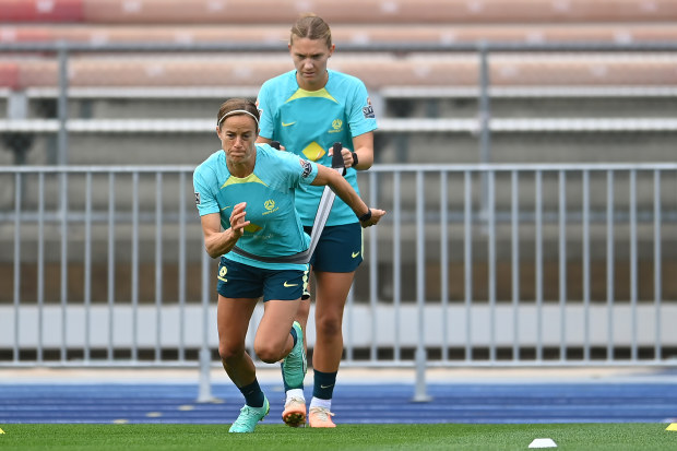 BRISBANE, AUSTRALIA - JULY 18: Aivi Luik in action during a Matildas training session ahead of the FIFA Women's World Cup Australia & New Zealand 2023 Group B match between Australia and Ireland at Queensland Sport and Athletics Centre on July 18, 2023 in Brisbane, Australia. (Photo by Albert Perez/Getty Images)