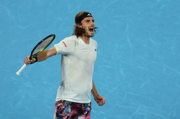 Stefanos Tsitsipas of Greece celebrates winning a point in the Mens Singles Final against Novak Djokovic of Serbia during day 14 of the 2023 Australian Open at Melbourne Park on January 29, 2023 in Melbourne, Australia. (Photo by Graham Denholm/Getty Images)