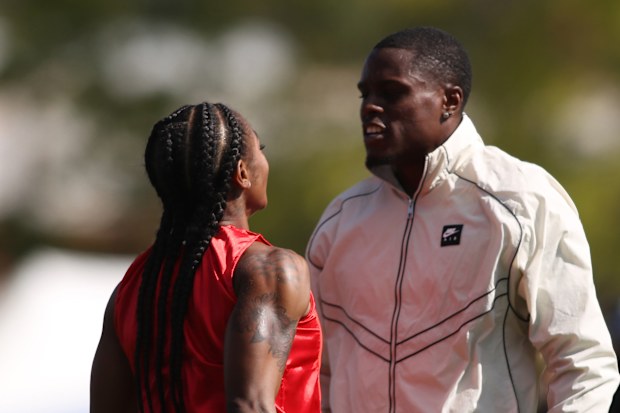 STAWELL, AUSTRALIA - APRIL 06: Christian Coleman congratulates Shacarri Richardson during the 2026 Stawell Gift at Central park on April 06, 2026 in Stawell, Australia. (Photo by Maya Thompson/Getty Images)