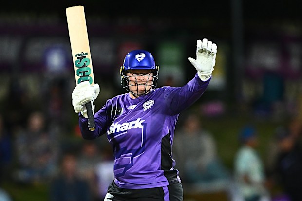 HOBART, AUSTRALIA - DECEMBER 13: Lizelle Lee of the Hurricanes celebrates scoring a half century during the WBBL match between Hobart Hurricanes and Perth Scorchers at Ninja Stadium, on December 13, 2025 in Hobart, Australia. (Photo by Steve Bell/Getty Images)