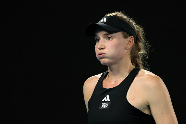 Elena Rybakina reacts after losing her Australian Open final match to Aryna Sabalenka.