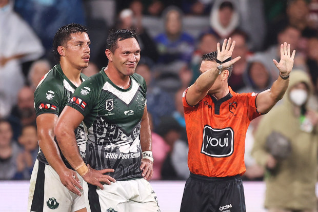 Jordan Rapana of the Maori All Stars is sent off for 10 minutes after a shoulder charge.
