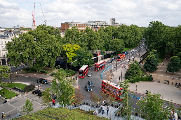 A view of Park Lane from the Marble Arch Mound in central London, a 25-metre high installation built to provide members of the public with sweeping views of Hyde Park, Mayfair and Marylebone. The deputy leader of Westminster council has resigned after the total costs for the mound nearly doubled to £6 million. Picture date: Friday August 13, 2021. PA Photo. The artificial hill, built on a scaffolding base with layers of soil and plywood forming the mound, opened to the public last month but was 