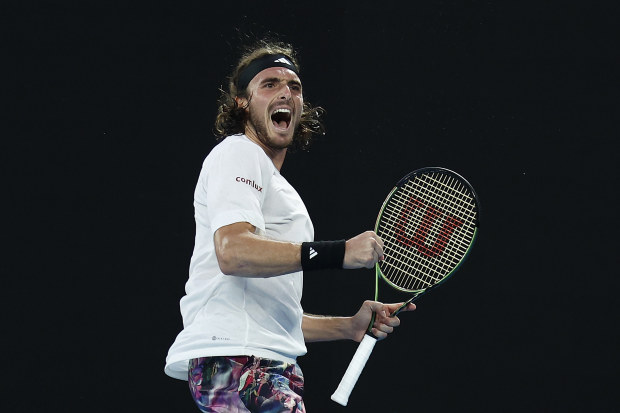 Stefanos Tsitsipas of Greece celebrates after winning a point during the fourth round singles match against Jannik Sinner of Italy. (Photo by Daniel Pockett/Getty Images)