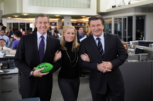 Brian Williams, Elizabeth Banks as Avery Jessup and Alec Baldwin as Jack star in 30 Rock.
