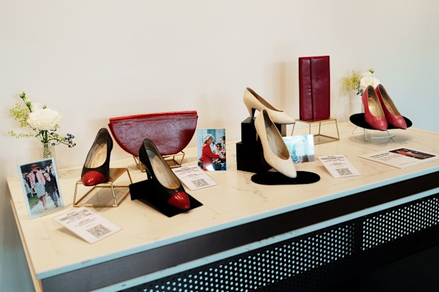 Shoes and handbags owned by Diana, Princess of Wales, on preview at The Peninsula in London, June 3 2025 ahead of the Julie's Auction.