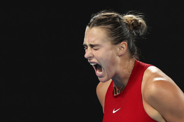 Aryna Sabalenka celebrates a point in their Semi Final singles match against Coco Gauff of the United States during the 2024 Australian Open at Melbourne Park on January 25, 2024 in Melbourne, Australia. (Photo by Darrian Traynor/Getty Images)