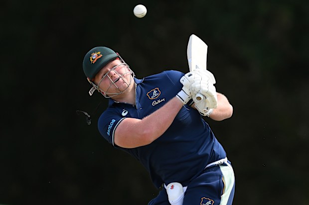 Angus Bell plays a shot during a Wallabies media opportunity at Ian Healy Oval.