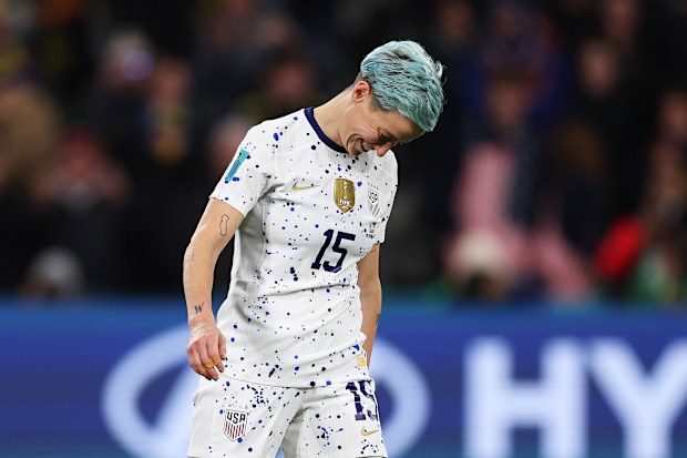 Megan Rapinoe of USA reacts after missing her team's fourth penalty in the penalty shoot out during the FIFA Women's World Cup Australia & New Zealand 2023 Round of 16 match between Sweden and USA at Melbourne Rectangular Stadium on August 06, 2023 in Melbourne / Naarm, Australia. (Photo by Alex Pantling - FIFA/FIFA via Getty Images)