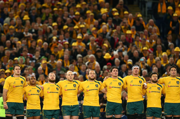 The Wallabies sing the national anthem in Sydney during the 2013 British & Irish Lions Test.