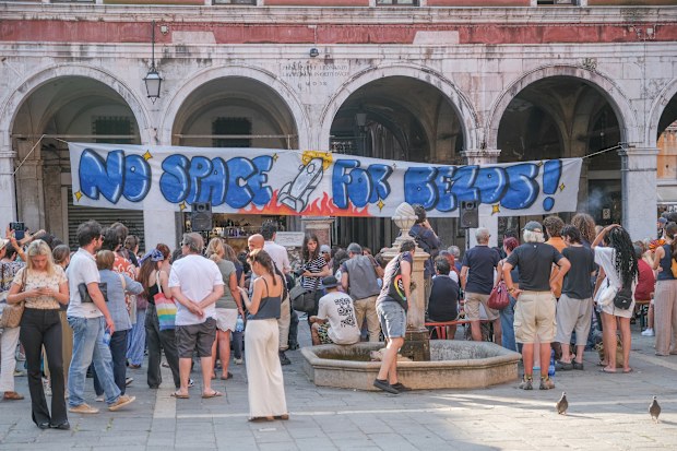 "No Space For Bezos" activists gathered in Campo San Giacomo di Rialto to organise protests against the wedding of Jeff Bezos and Lauren Sanchez to be held in Venice from 26-28 June 2025 on June 13, 2025 in Venice, Italy. 