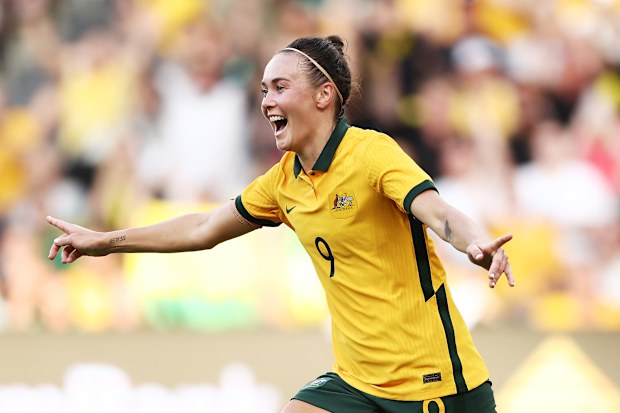 SYDNEY, AUSTRALIA - FEBRUARY 19: Caitlin Foord of Australia celebrates scoring a goal during the 2023 Cup of Nations Match between Australian Matildas and Spain at CommBank Stadium on February 19, 2023 in Sydney, Australia. (Photo by Matt King/Getty Images)