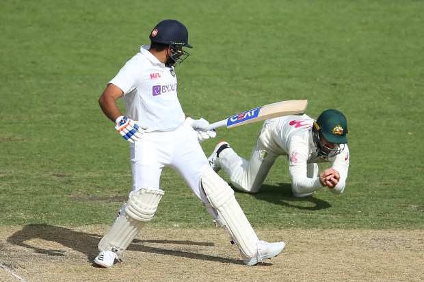 Matthew Wade of Australia appeals for a catch off Rohit Sharma of India.