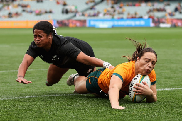 Bienne Terita of the Wallaroos scores a try at Adelaide Oval.