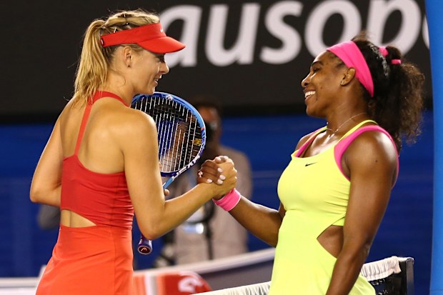 Maria Sharapova and Serena Williams in the women's final match during day 13 of the 2015 Australian Open at Melbourne Park on January 31, 2015.