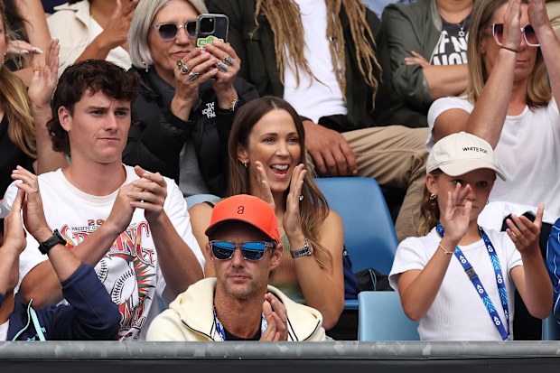 Bec Hewitt watches her son Cruz Hewitt of Australia compete against Alexander Razeghi