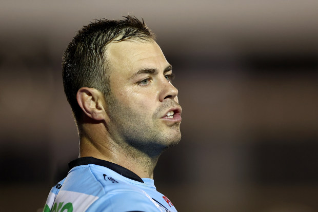SYDNEY, AUSTRALIA - SEPTEMBER 03: Captain of the Sharks Wade Graham is recognised after winning the round 27 NRL match between Cronulla Sharks and Canberra Raiders at PointsBet Stadium on September 03, 2023 in Sydney, Australia. (Photo by Jeremy Ng/Getty Images)