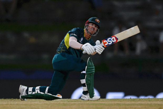 David Warner of Australia bats during the ICC Men's T20 Cricket World Cup West Indies & USA 2024 Super Eight match between Australia and Bangladesh at Sir Vivian Richards Stadium on June 20, 2024 in Antigua, Antigua and Barbuda. (Photo by Gareth Copley/Getty Images)