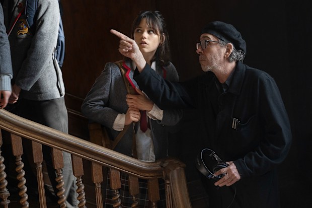 (From left) Jenna Ortega and director Tim Burton on the set of 'Beetlejuice Beetlejuice.'
