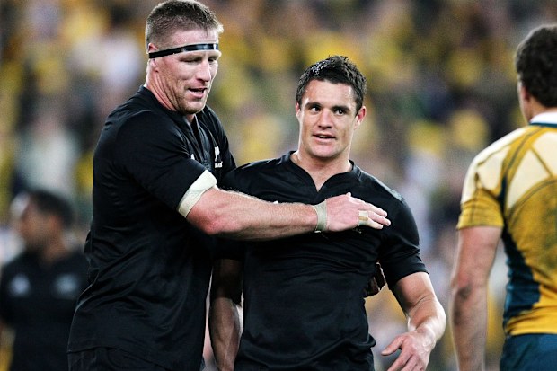 Brad Thorn and Dan Carter of the All Blacks embrace after beating the Wallabies in 2009.