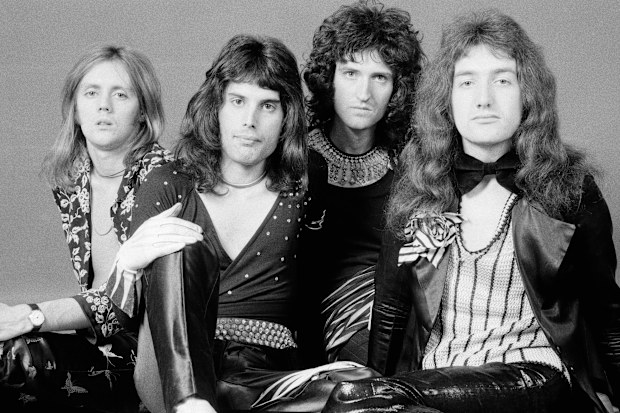 Drummer Roger Taylor, singer Freddie Mercury, guitarist Brian May, and bassist John Deacon of British rock band Queen in 1973.