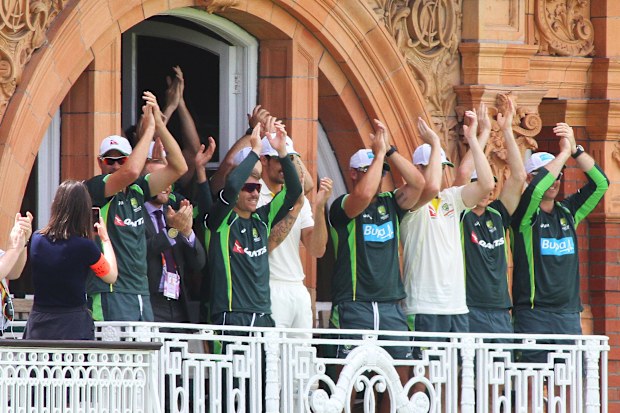 The Australian balcony celebrates Steve Smith's double century at Lord's in 2015.