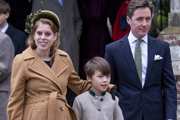 Princess Beatrice, Edoardo Mapelli Mozzi and Christopher Woolf attending the 2024 Christmas Day morning church service at St Mary Magdalene Church in Sandringham, Norfolk. 
