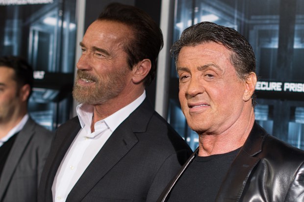Actor Arnold Schwarzenegger and Sylvester Stallone attends "Escape Plan" New York Premiere
