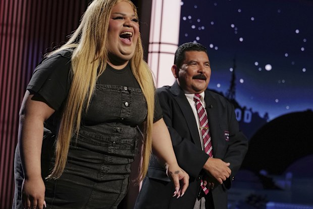TikTok creator Jools Lebron, left, with talk show personality Guillermo Rodriguez on the set of Jimmy Kimmel Live! Aug. 19, 2024, in Los Angeles. 