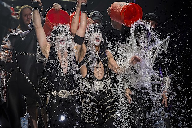 NOBLESVILLE, IN - AUGUST 22: Eric Singer, Paul Stanley and Tommy Thayer of the band KISS participates in the ALS Ice Bucket Challenge at Klipsch Music Center on August 22, 2014 in Noblesville, Indiana. (Photo by Michael Hickey/Getty Images)