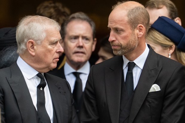 LONDON, ENGLAND - SEPTEMBER 16: Prince Andrew, Duke of York and Prince William, Prince of Wales attend the funeral of The Duchess of Kent at Westminster Cathedral on September 16, 2025 in London, England. Katharine, Duchess of Kent was married Prince Edward, Duke of Kent, the first cousin of Queen Elizabeth II. She died on September 4 at the age of 92 at Kensington Palace surrounded by her family. Having converted to Catholicism in 1994, her funeral takes place at Westminster Cathedral and is th