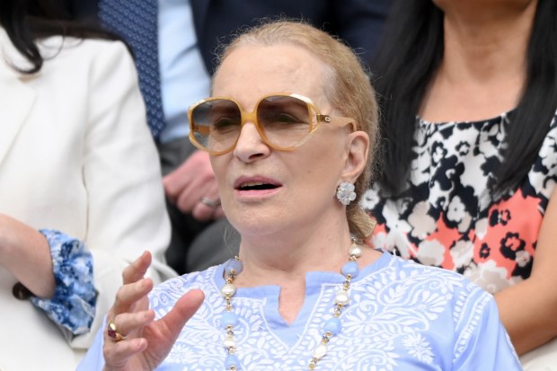 Princess Michael of Kent reacts as she attends day three of the Wimbledon Tennis Championships at the All England Lawn Tennis and Croquet Club on July 2, 2025 in London, England.