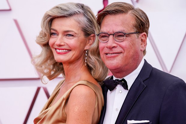 Paulina Porizkova, left, and Aaron Sorkin arrive at the Oscars on Sunday, April 25, 2021, at Union Station in Los Angeles. (AP Photo/Chris Pizzello, Pool)
