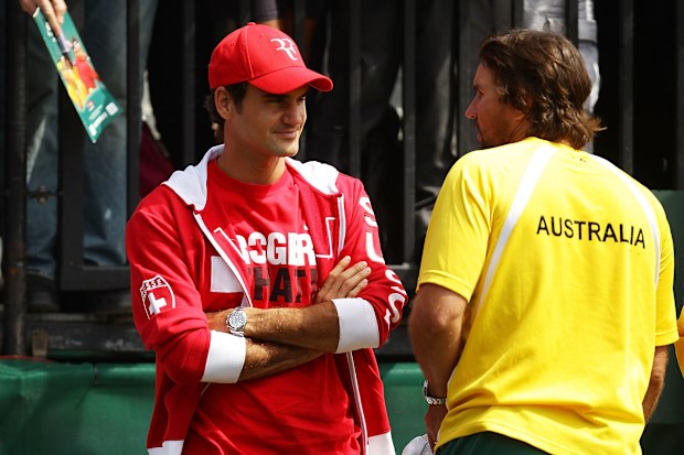 Roger Federer and Pat Rafter speak at the 2011 Davis Cup in Sydney.
