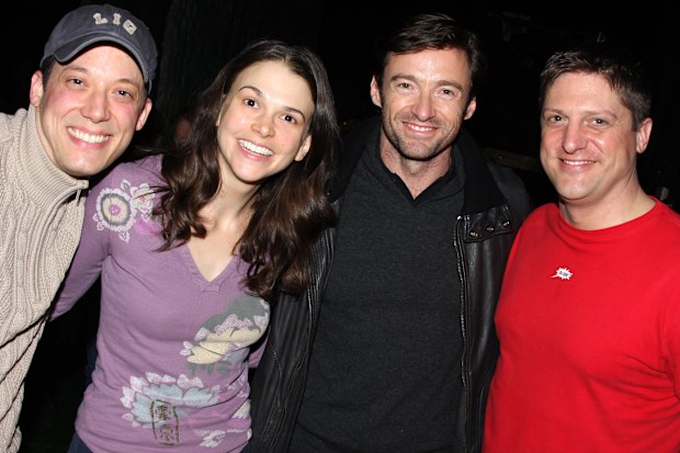 John Tartaglia, Sutton Foster, Hugh Jackman and Christopher Sieber pose backstage at Shrek, December 2008
