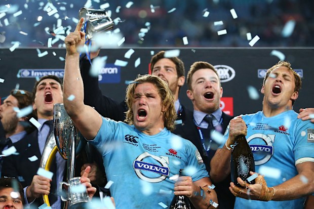 Michael Hooper and Stephen Hoiles lead the Waratahs celebrations in 2014.