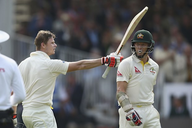 Steve Smith celebrates his century with Chris Rogers.