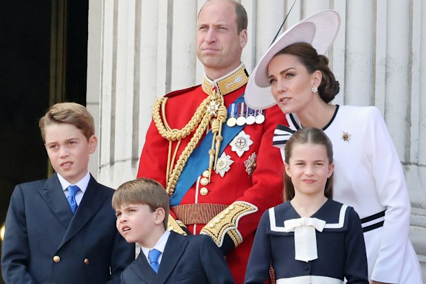 Prince George of Wales, Prince William, Prince of Wales, Prince Louis of Wales, Princess Charlotte of Wales and Catherine, Princess of Wales on the balcony of Buckingham Palace during Trooping the Colour on June 15, 2024 in London, England.