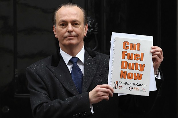 Quentin Willson, motoring journalist and lead campaigner for FairFuelUK campaign group, outside No 10 Downing Street, London, after handing in a letter asking for a 3p cut in duty a week ahead of the Budget. (Photo by Yui Mok/PA Images via Getty Images)