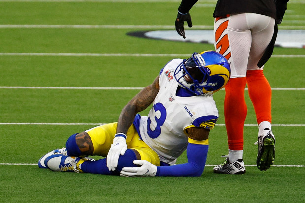 Odell Beckham Jr of the Los Angeles Rams lies on the ground after an injury.