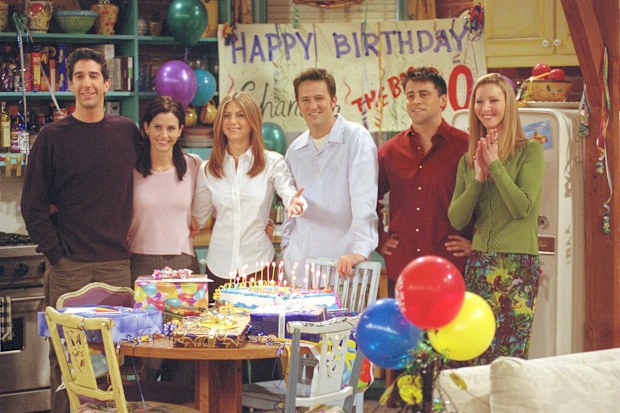 Cast members of NBC's comedy series "Friends." Pictured (l to r): David Schwimmer as Ross Geller, Courteney Cox as Monica Geller, Jennifer Aniston as Rachel Cook, Matthew Perry as Chandler Bing, Matt LeBlanc as Joey Tribbiani and Lisa Kudrow as Phoebe Buffay. Episode: "The One Where They All Turn Thirthy." (Photo by Warner Bros. Television)
