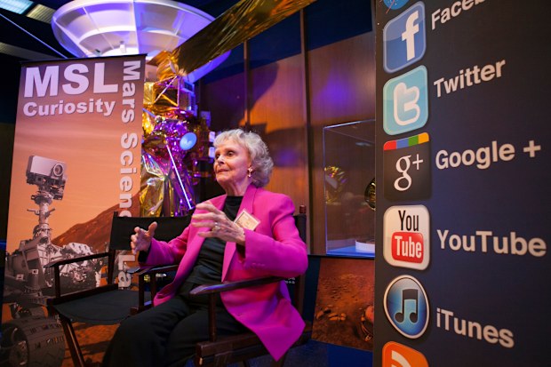 FILE - Actress June Lockhart from Lost in Space and Lassie, addresses bloggers at NASA Social media event at the Jet Propulsion Laboratory in Pasadena, Calif., on Aug. 12, 2012, hours before the Mars rover Curiosity is due to land on the surface of Mars.  (AP Photo/Damian Dovarganes, File)