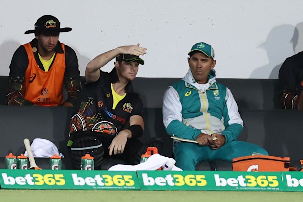 Steve Smith and Justin Langer at Manuka Oval.