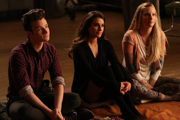 Kurt (Chris Colfer), Rachel (Lea Michele) and Brittany (guest star Heather Morris) listen to Mercedes in the "The Untitled Rachel Berry. season finale episode of GLEE airing Tuesday, May 13 