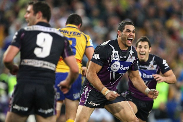 Greg Inglis celebrates after kicking a field goal during the 2009 NRL Grand Final